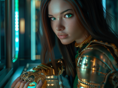 cyborg girl long hair green eyes gold